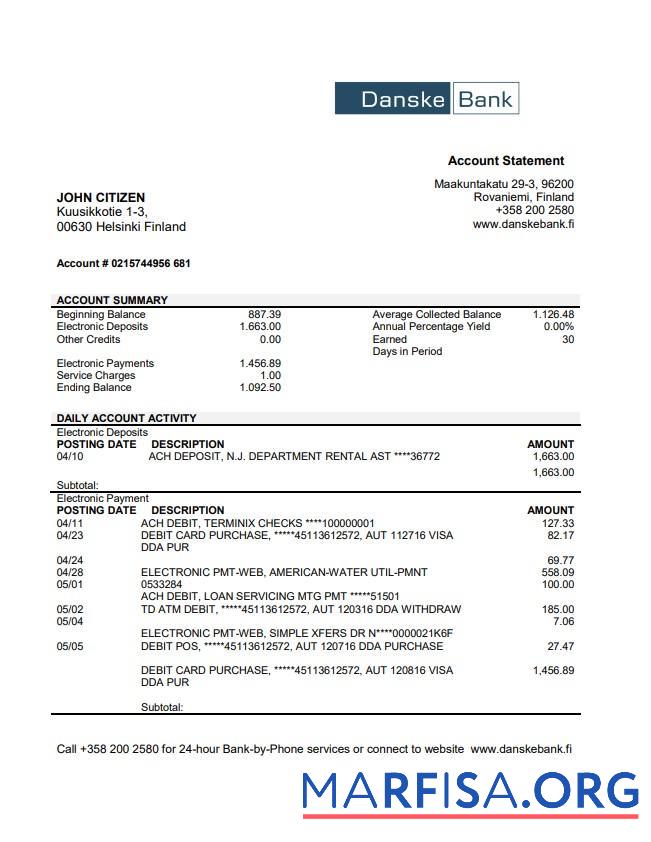 Downloadable Finland Danske bank statement word sample